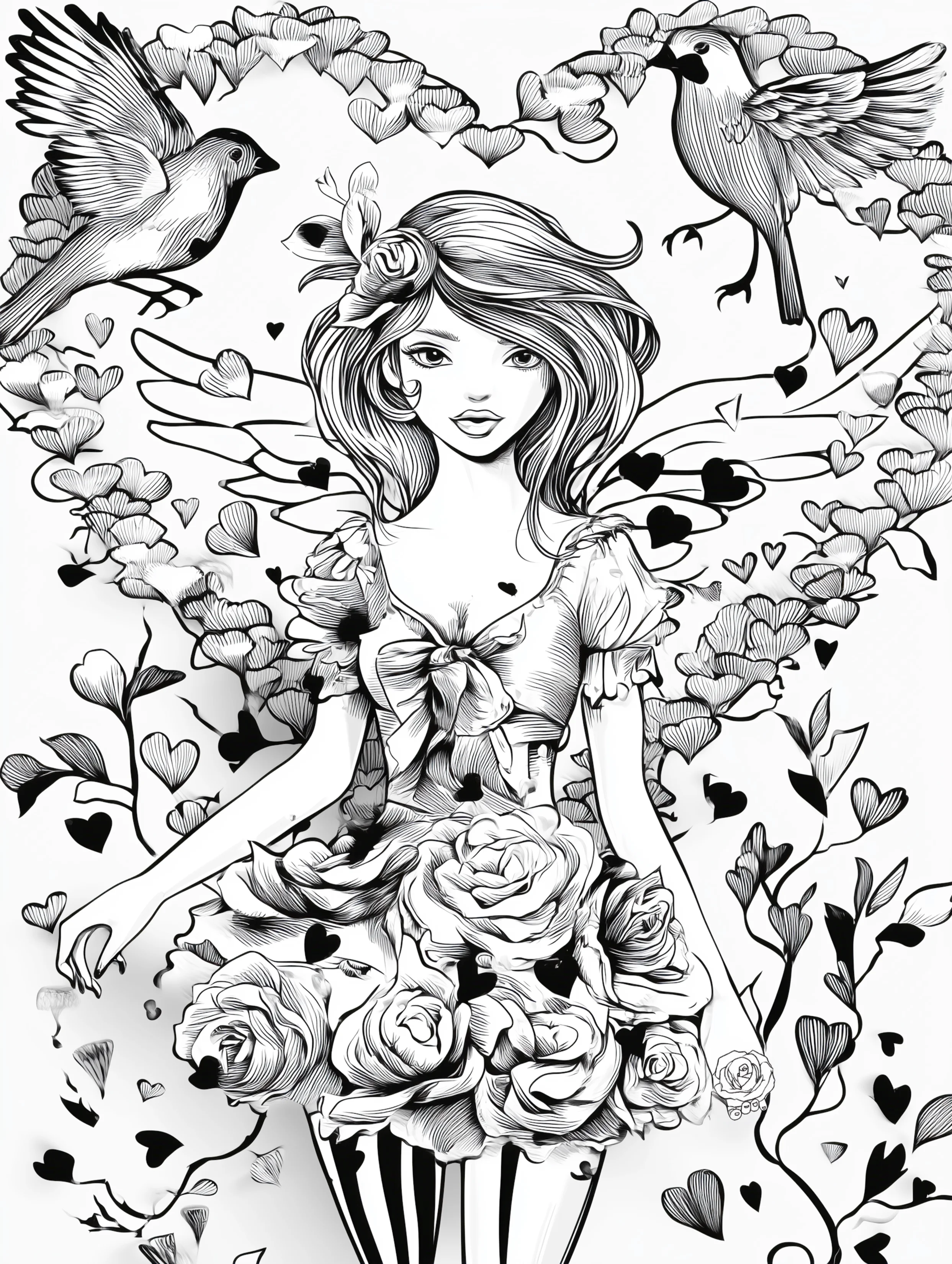 Free printable beautiful fairy coloring page featuring a flying birds fairy